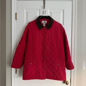 Vintage L.L. Bean Women's Quilted Red barn Jacket with Suede Brown Collar